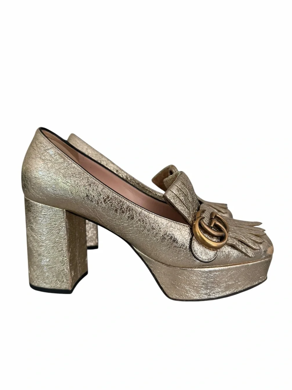 Gucci Gold Leather Galassia Platino Marmont  GG Platform Block Heels Size 37.5